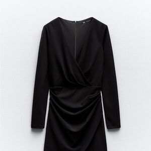 Zara Black Ruched Wrap Long Sleeve Cocktail Dress